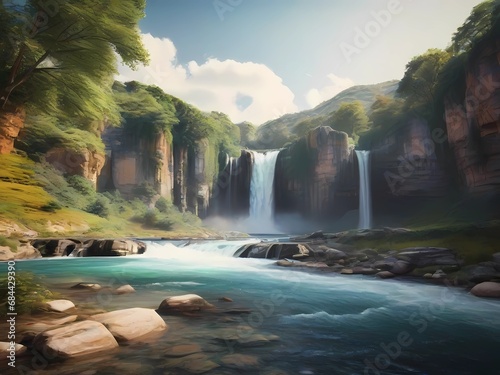 Realistic waterfall  very natural  nature tourism  pastel colors  photography style