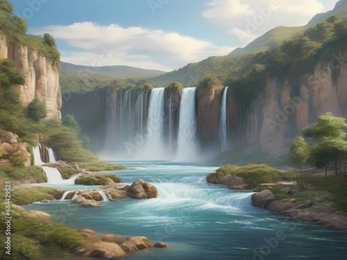Realistic waterfall, very natural, nature tourism, pastel colors, photography style