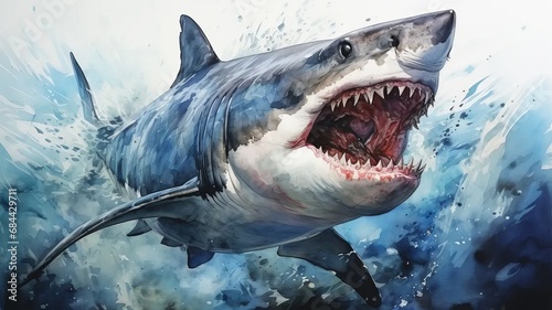Watercolor illustration of a shark with its mouth open © senadesign