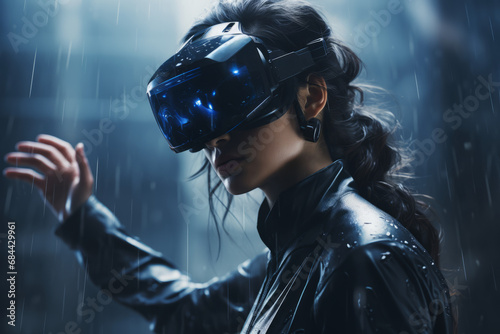 Woman in Rain with Advanced VR Headset and Gloves Exploring Virtual Reality