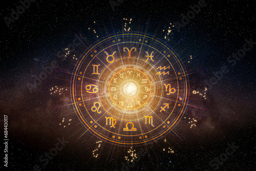 Zodiac signs inside of horoscope circle. Astrology in the sky with many stars and moons astrology and horoscopes concept