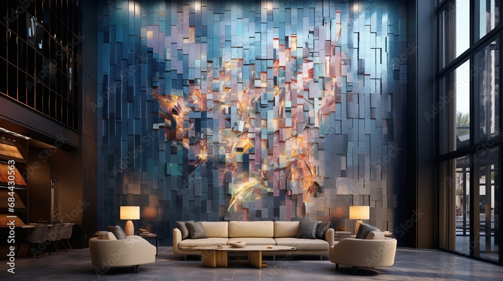 An abstract mosaic wall design featuring intricate shapes and textures, resembling a digital art installation with a fusion of metallic hues and neon accents.