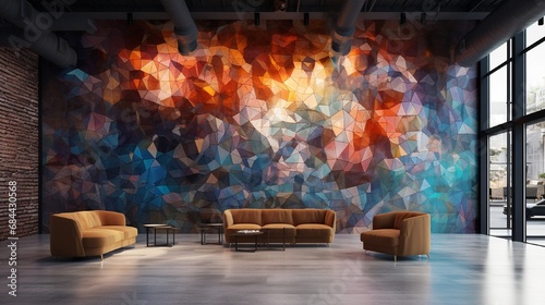 An abstract mosaic wall design featuring intricate shapes and textures, resembling a digital art installation with a fusion of metallic hues and neon accents. photo