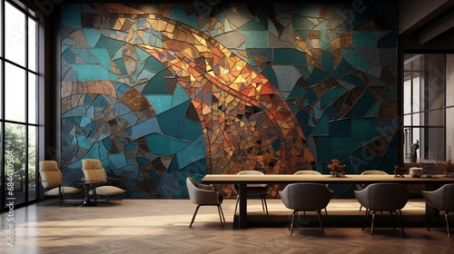An abstract mosaic wall design featuring intricate shapes and textures, resembling a digital art installation with a fusion of metallic hues and neon accents. photo