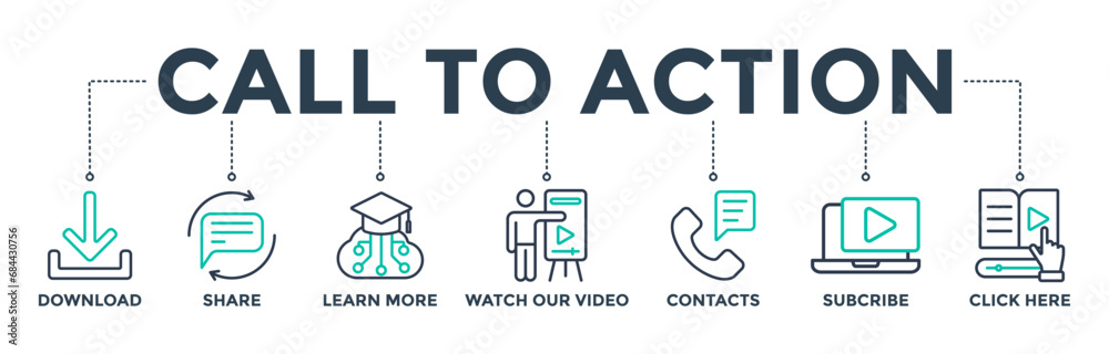 Call to action banner web icon concept with icons of download, share, learn more, watch our video, contact us, subscribe, and click here. 
Vector illustration 