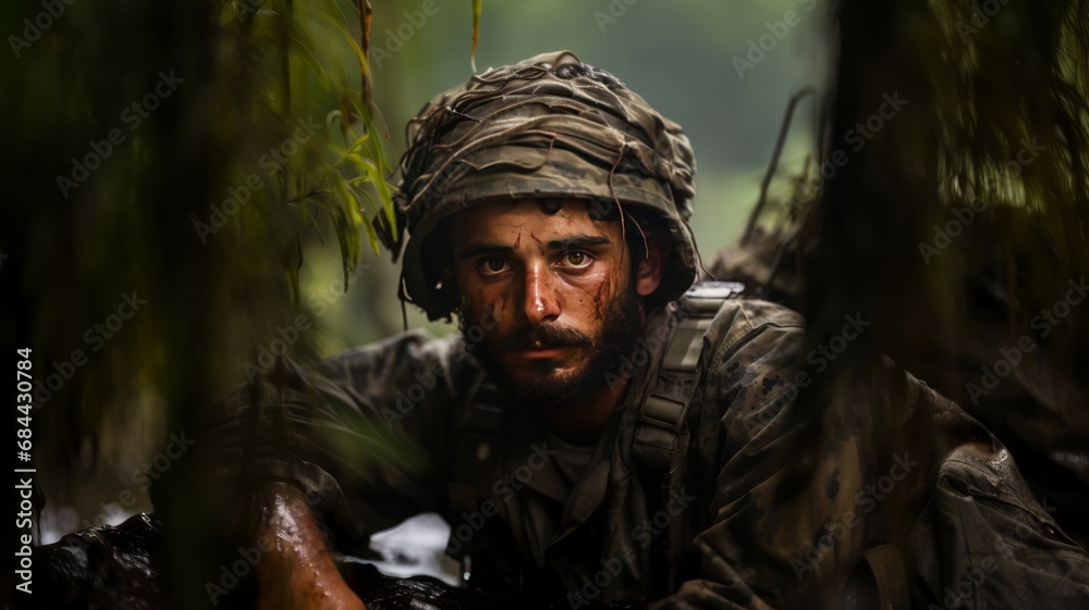 Bearded man in military clothing in forest, looking at camera.
