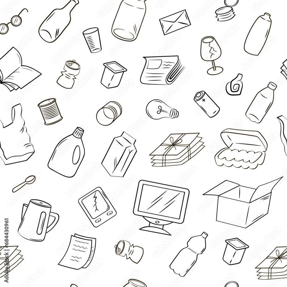 Naklejka premium Unsorted garbage. Mixed waste. Outline illustration on white background. Seamless vector background.