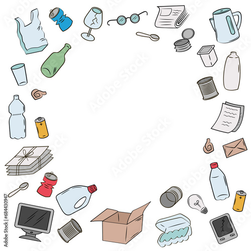 Sorting and recycling garbage. Square frame composition for text on white background. Waste separation color vector. 