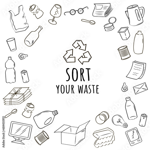 Sorting and recycling garbage. Square frame composition for text on white background. Waste separation outline vector. 