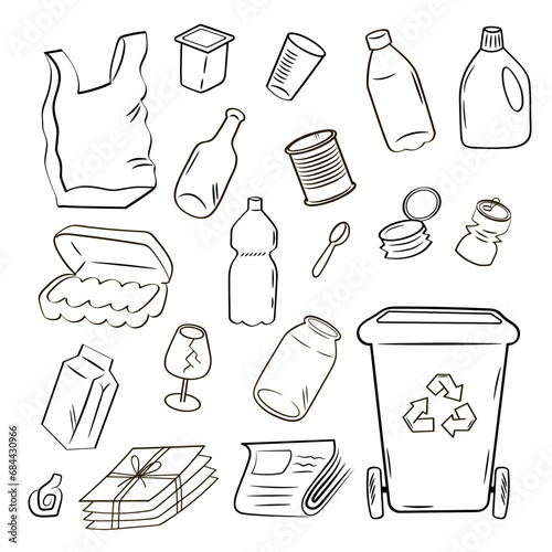 Vector set recycle item. Sorting and recycling of household waste. Trash can, plastic, glass, metal, paper. Outline of the illustration on a white background.