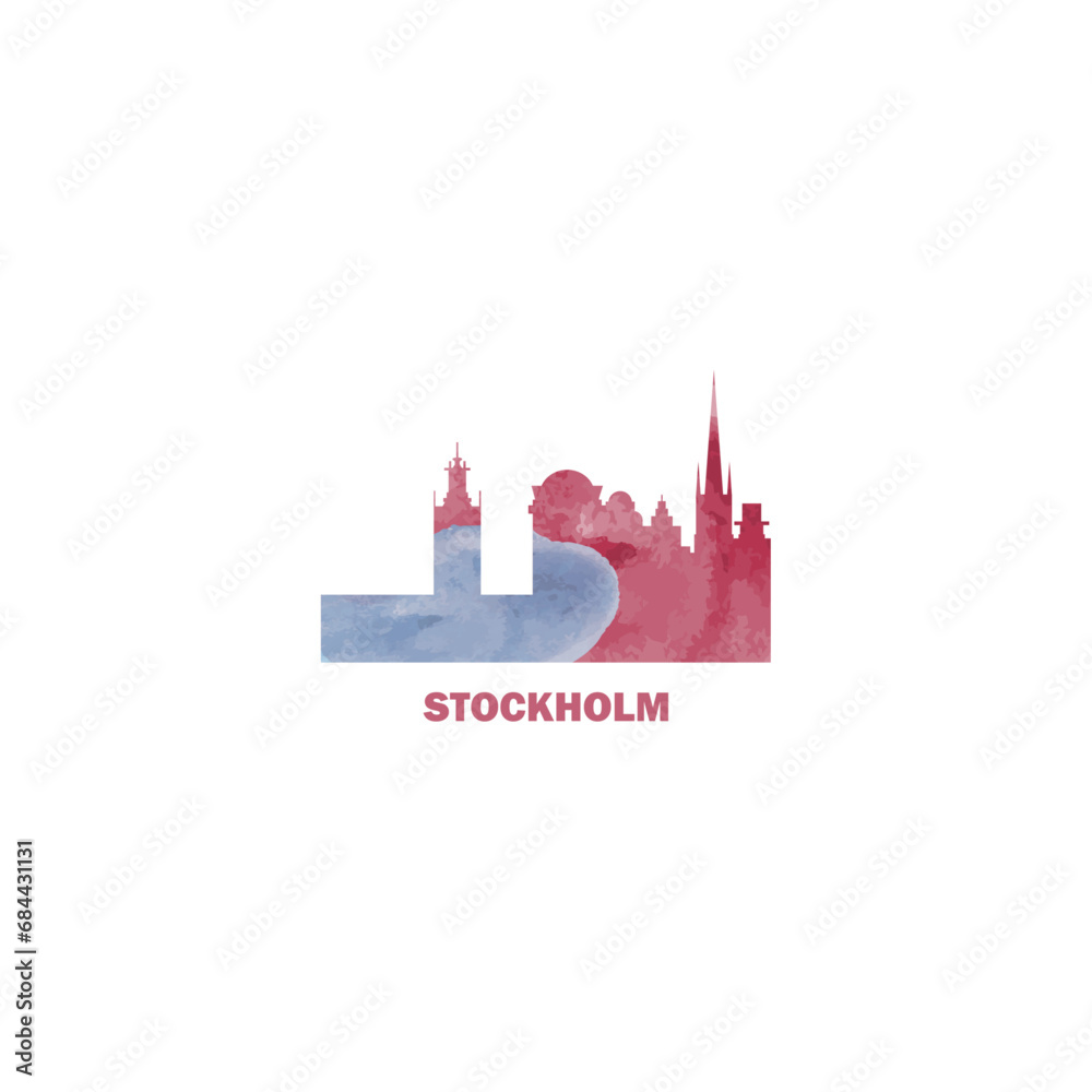 Stockholm watercolor cityscape skyline city panorama vector flat modern logo, icon. Sweden capital, megapolis emblem concept with landmarks and building silhouettes. Isolated graphic