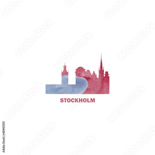 Stockholm watercolor cityscape skyline city panorama vector flat modern logo  icon. Sweden capital  megapolis emblem concept with landmarks and building silhouettes. Isolated graphic
