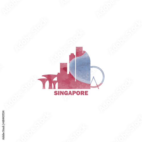 Singapore watercolor cityscape skyline city panorama vector flat modern logo, icon. Asian megapolis emblem concept with landmarks and building silhouettes. Isolated graphic