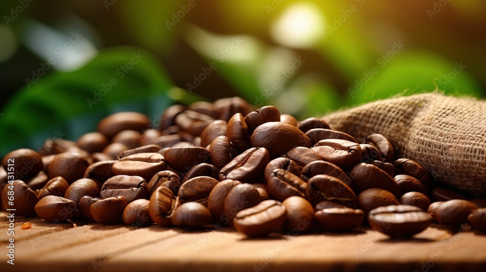 Fototapeta premium Empty Coffee Bean Sack on Wooden Tabletop - Rustic Elegance