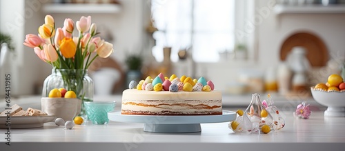 In the bright and airy kitchen, a beautiful white cake adorned with vibrant yellow eggs and colorful candies reflected the beauty of the Easter holiday, while the aroma of freshly baked bread and photo