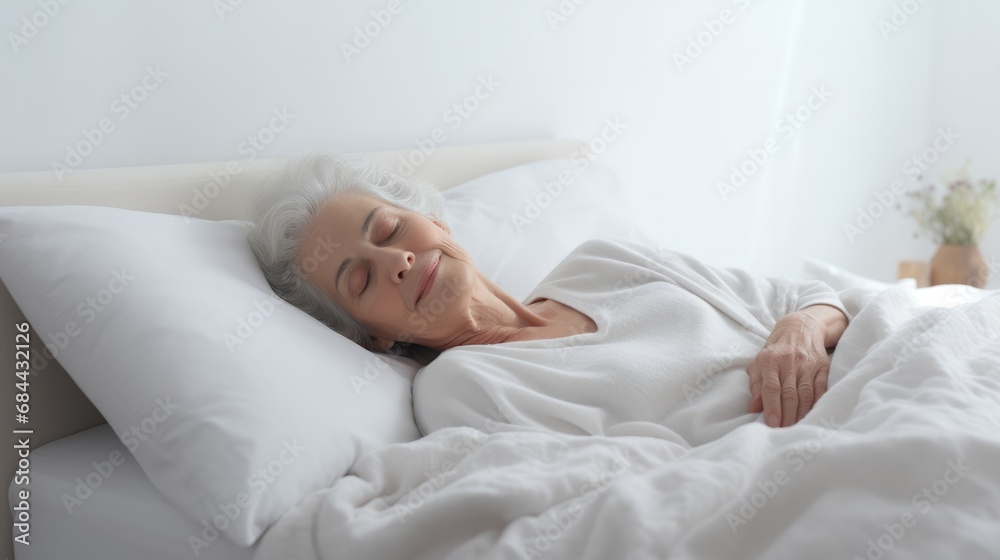 Senior woman sleeps in a white bed at home Senior woman sleeps in a white bed at home