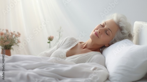 Senior woman sleeps in a white bed at home