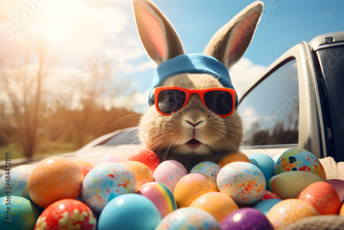 Easter Bunny in a Colorful Car 