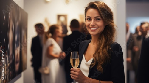 Snapshot of happy young woman with champagne glasses stand during an paintings in a museum or exhibition at the gallery.