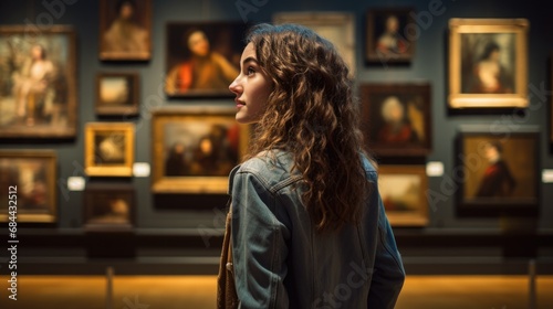 Young woman looks at paintings in a museum or exhibition at art gallery.