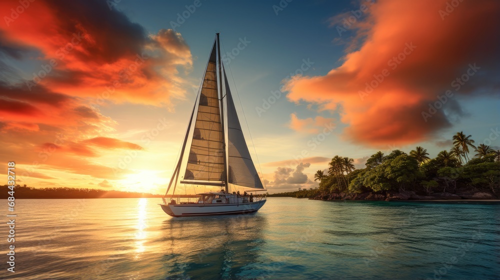 A sailboat in the ocean at sunset. Generative AI.