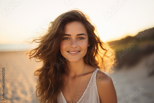 A beautiful young woman standing on top of a sandy beach. Generative AI. photo