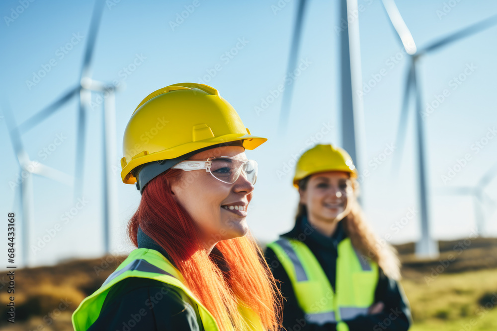 Two female engineers in hard hats and reflective vests observing wind turbines at sunset, representing renewable energy and teamwork Two female engineers in hard hats and reflective vests observing wind turbines at sunset, representing renewable energy and teamwork