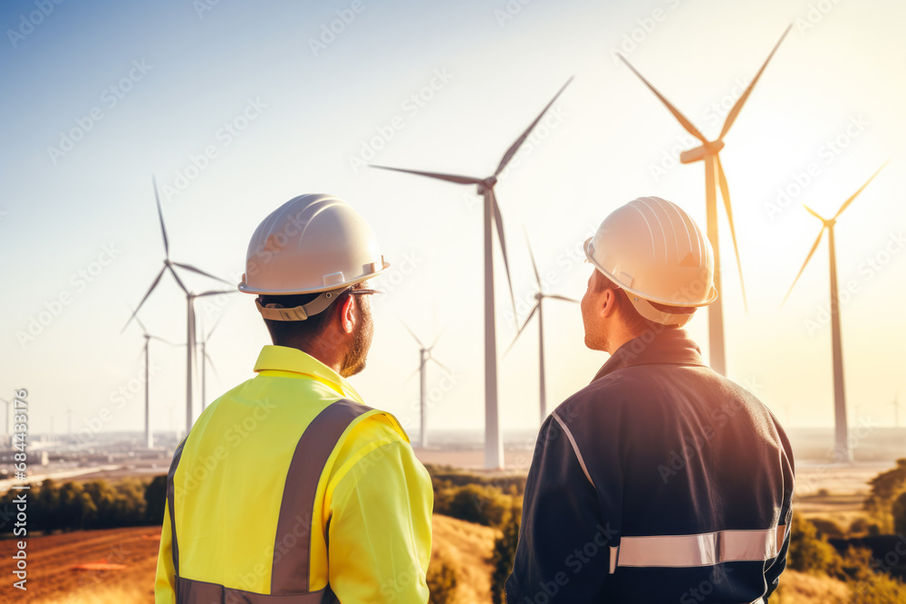 Two engineers in hard hats and reflective vests observing wind turbines at sunset, representing renewable energy and teamwork Two engineers in hard hats and reflective vests observing wind turbines at sunset, representing renewable energy and teamwork