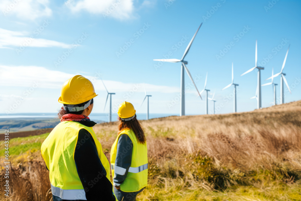 Two female engineers in hard hats and reflective vests observing wind turbines at sunset, representing renewable energy and teamwork Two female engineers in hard hats and reflective vests observing wind turbines at sunset, representing renewable energy and teamwork