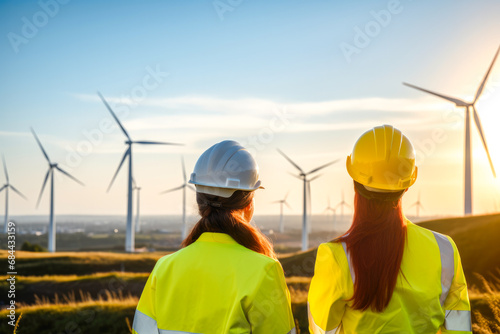 Two female engineers in hard hats and reflective vests observing wind turbines at sunset, representing renewable energy and teamwork