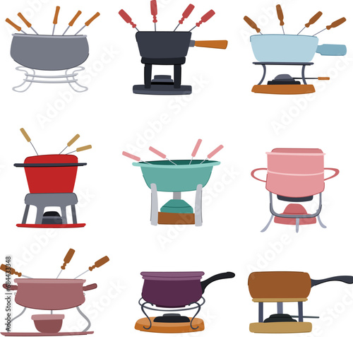 fondue set cartoon. dip swiss, pot melted, hot dinner fondue sign. isolated symbol vector illustration