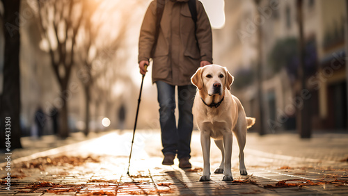Blind man walking accompanied by his beloved dog. photo