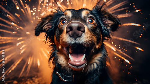 Cheerful dog celebrating new year, with fireworks background. © Art.disini