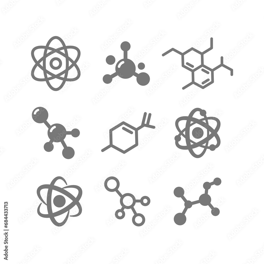 Atoms and molecules bonds and structure icon set. Molecule cell and