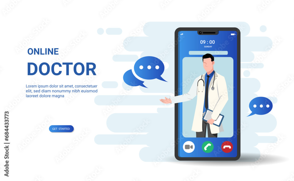 Online telemedicine via mobile with male doctor. Doctor online, call medical consultation, Ask a doctor, Diagnostics, Digital health, video calling and taking care of a patient. 3d vector illustration