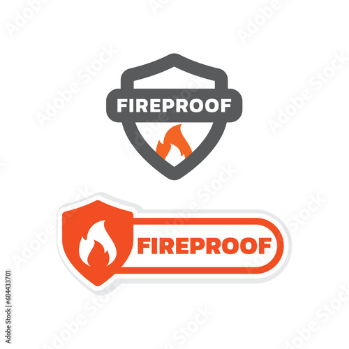 Fireproof with shield and flame vector labels. Fire proof or resistant label set.