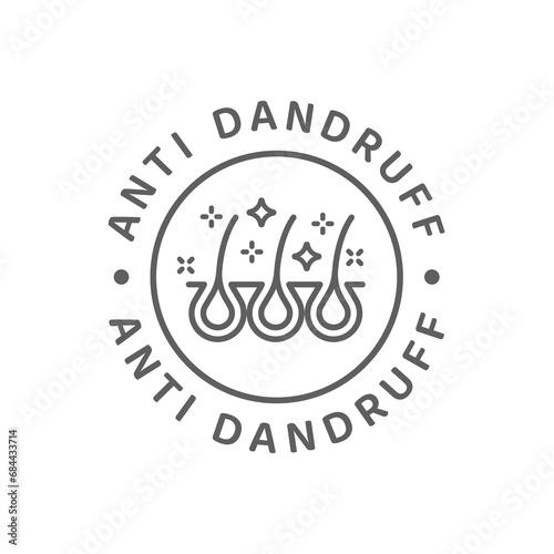 Anti dandruff with hair vector label. Outline, line shampoo and cosmetics stamp.