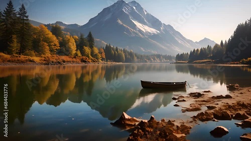 A canoe on the lake footage with mountain background photo