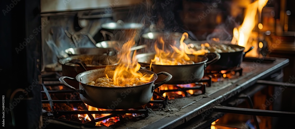 In the kitchen, a gas stove with multiple hobs was set up, pots and pans were placed on top, ready for cooking. The flames danced beneath the saucepans, heating up the food, while the aroma of soup