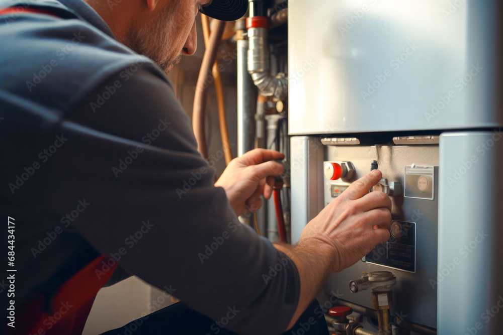 Repairman fixing broken electric boiler or furnace, focus on his hand