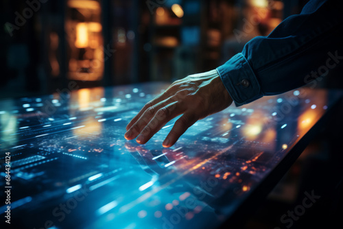 Close-Up of Hand Interacting with Futuristic Touchscreen Interface