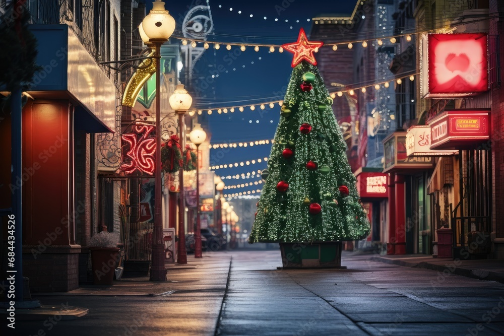 Illuminated Christmas tree on festive city street at night. Holiday urban decoration.