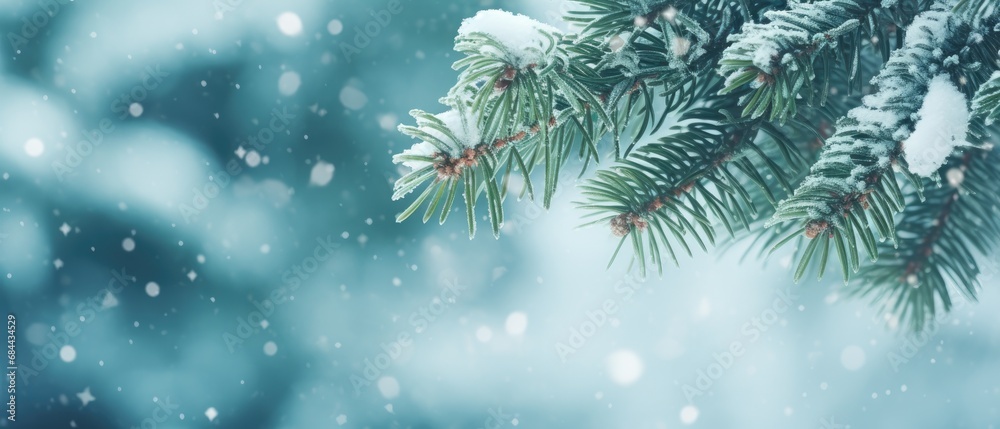 Frosty pine branches with snowflakes on winter background. Seasonal natural scenery.