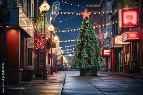 Illuminated Christmas tree on festive city street at night. Holiday urban decoration.