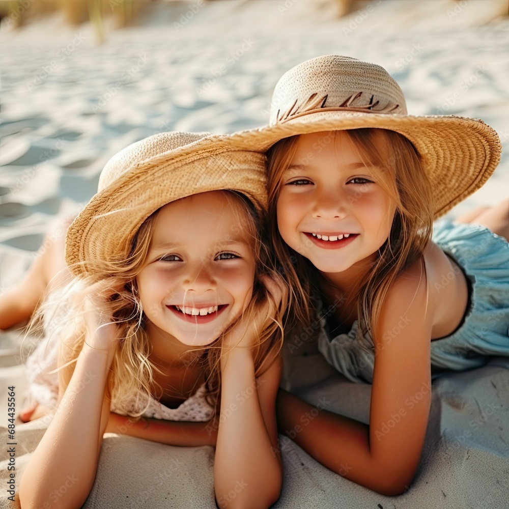 smiling girls of line in long hats lying on a sunny sea beach in summer
