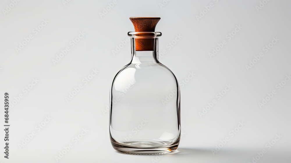 A round glass bottle sits on a table on a white background A round glass bottle sits on a table on a white background