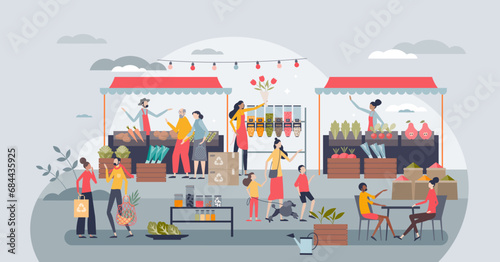 Community care marketplace as local market for all society tiny person concept. Local food store with volunteers and farmers vector illustration. Elderly people assistance and humanitarian solidarity