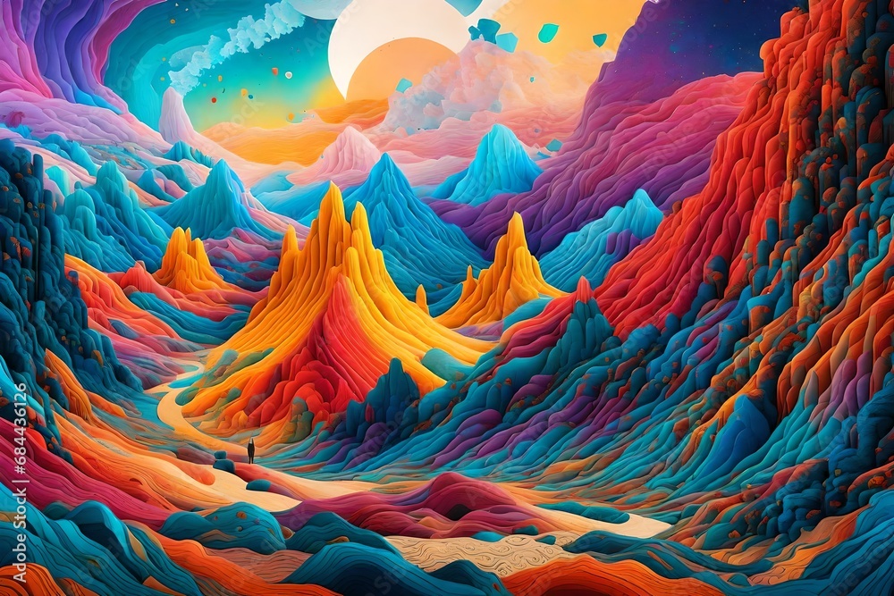 An abstract landscape where vivid colors erupt from a surreal terrain, organic shapes merging with geometric patterns