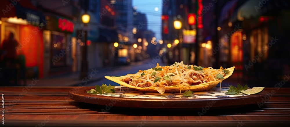 In the bustling streets of City, a partygoer devoured a delicious blue Quesadilla loaded with shredded chicken and cheese, served on a wooden plate in a vibrant restaurant. The triangular shape of the