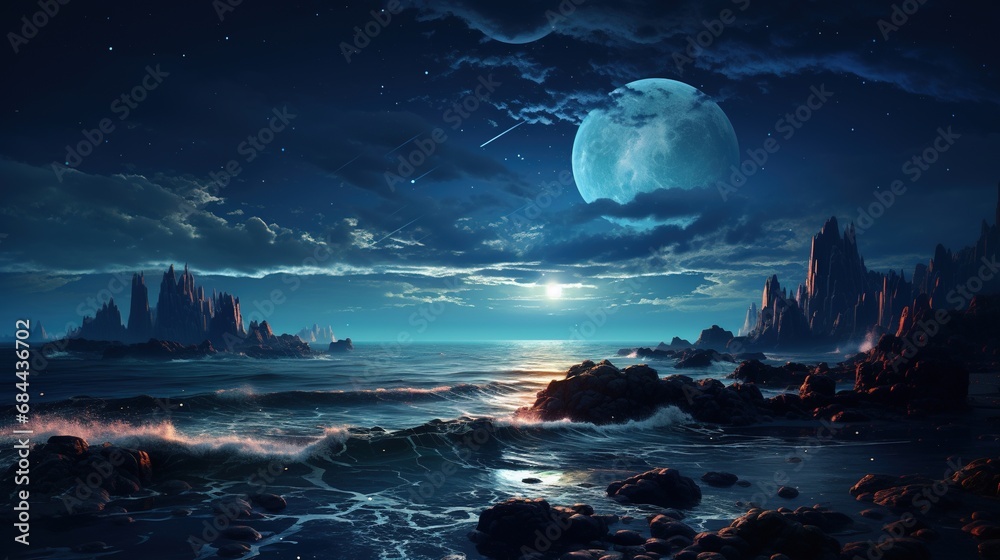 luminous midnight seascape, digital art illustration, Generative AI